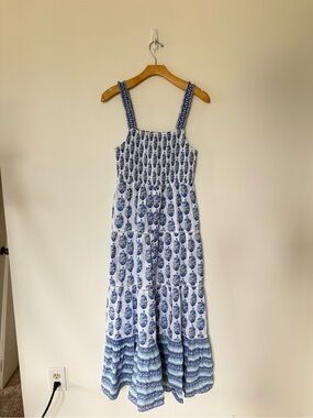 Playa Lucila Blue White Floral Smocked Tiered Maxi Dress M